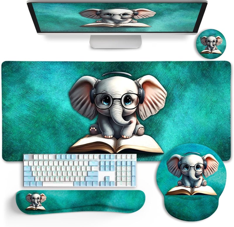 LIMKRIAN Desk Mat Pad, Large Gaming Mouse Pad with Wrist Rest Wrist Support, Ergonomic Mouse Pad Keyboard Mat Wrist Rest, Cup Coaster, Home Office Desk Accessories Decor Supplies, Cute Elephant - Image 1